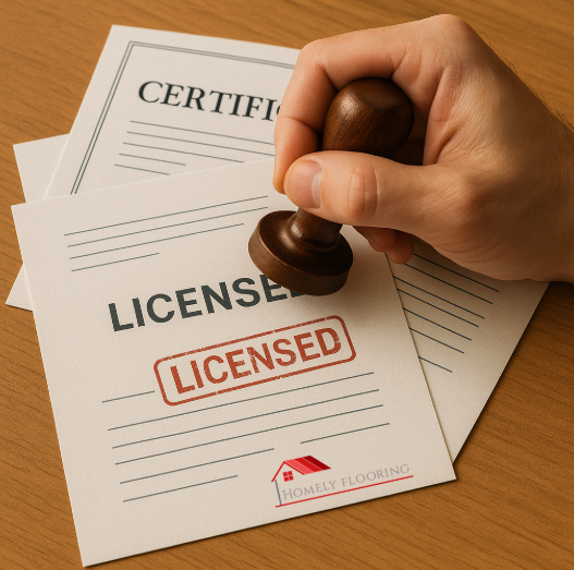 Human hand holding a stamp over licensed paperwork